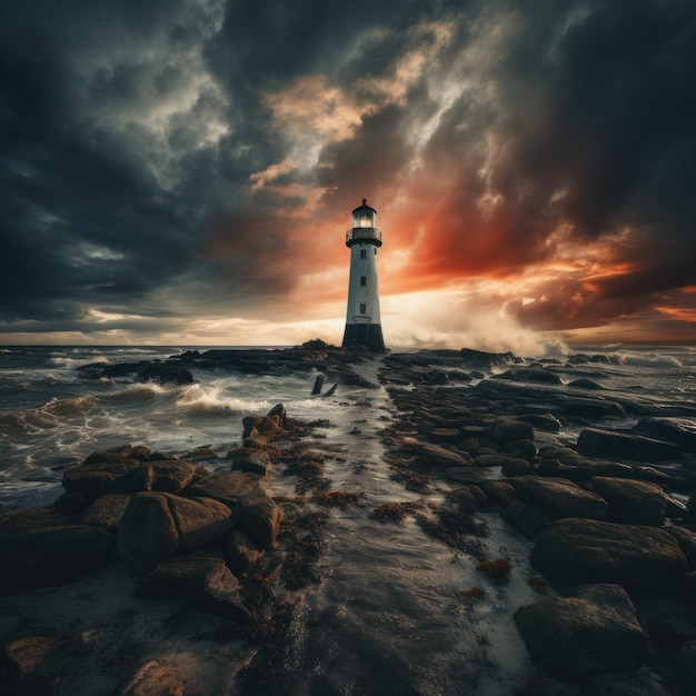 un faro en una playa rocosa