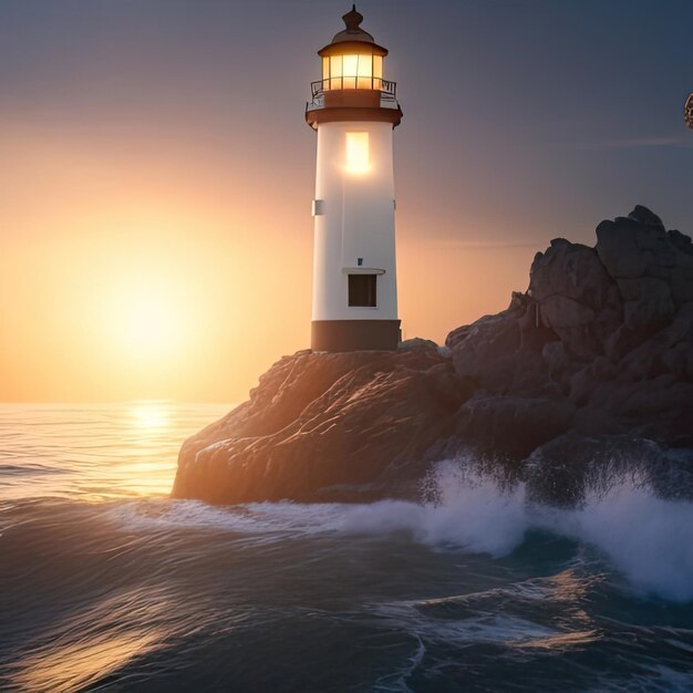 Faro en la roca en el mar al atardecer