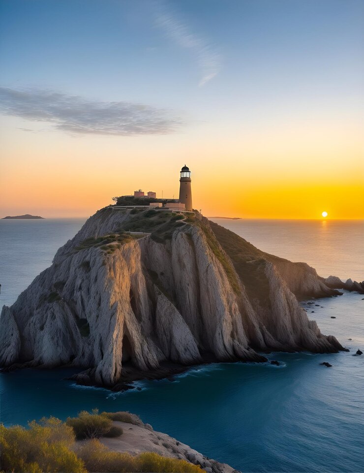 un faro se sienta en un acantilado con el sol poniéndose detrás de él