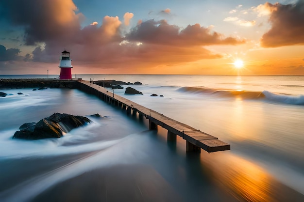 un faro se sienta en un muelle con el sol poniéndose detrás de él