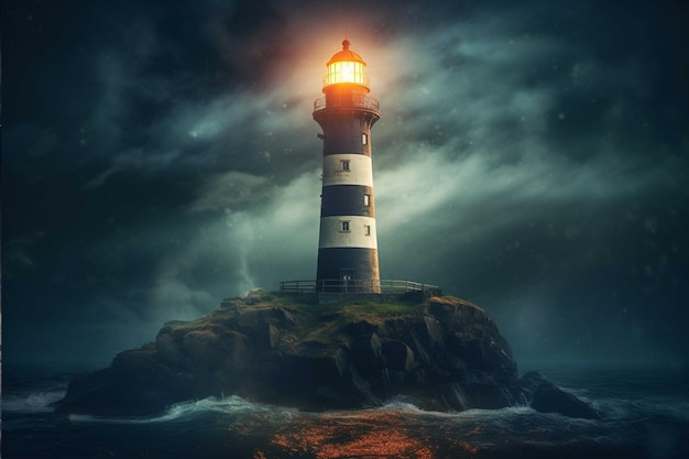 Faro sobre una roca en el mar por la noche renderizado 3d