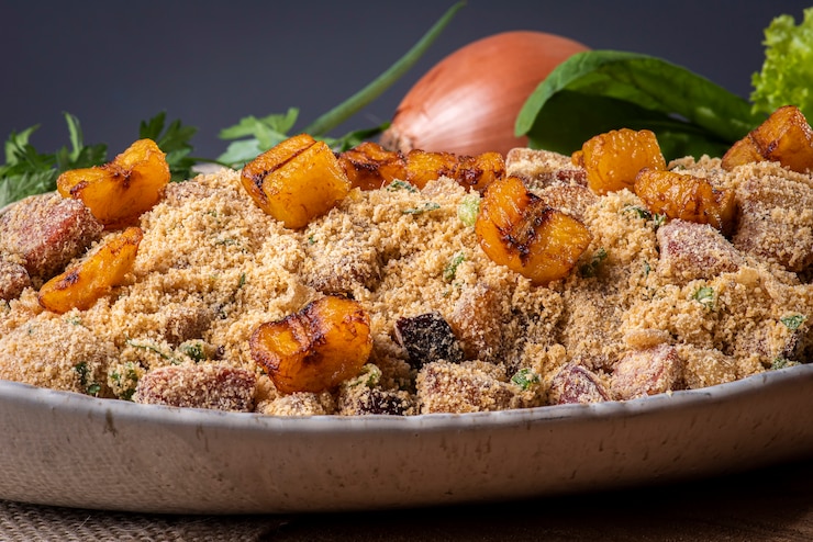 Foto farofa brasileira. feito com farinha, bacon e linguiça.