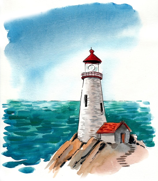 Farol à beira-mar. Desenho a tinta e aguarela
