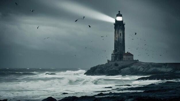 Farol alto no mar do norte sob um céu nublado