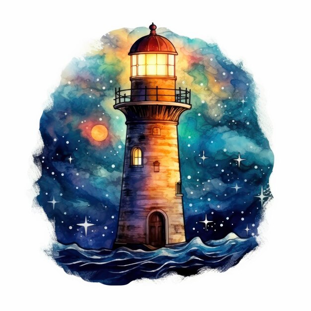 Foto farol ao lado do mar à noite aquarela para design de camiseta