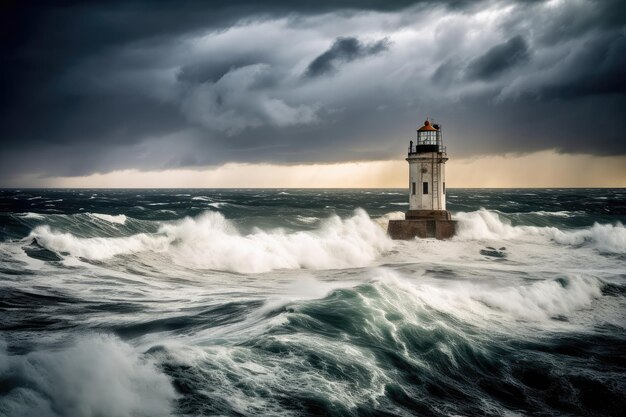 Farol cercado por mar tempestuoso e céu dramático