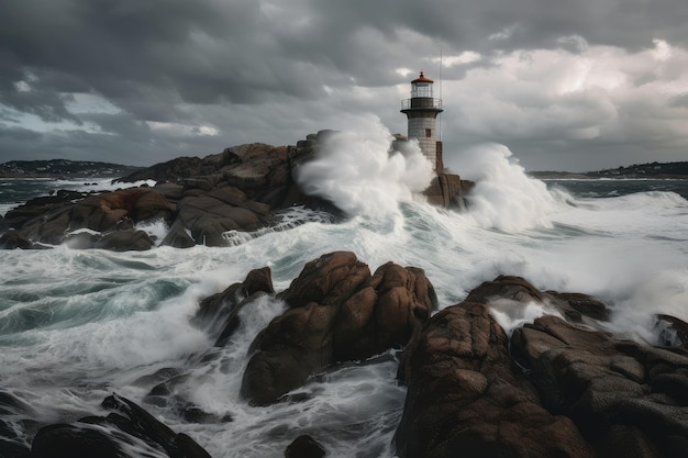 Farol com céu tempestuoso e ondas batendo contra as rochas criadas com ai generativa