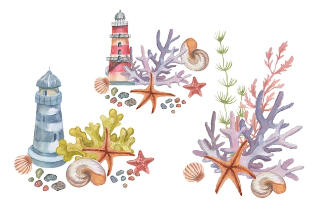 Farol conchas corais estrela do mar aquarela ilustração desenhada à mão