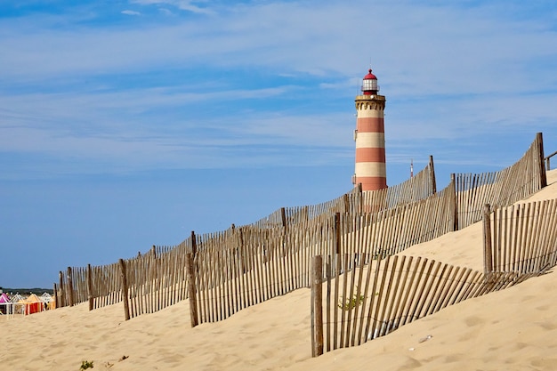 Foto farol da praia da barra e vedação das dunas para controlar a erosão eólica e favorecer a estabilidade das dunas
