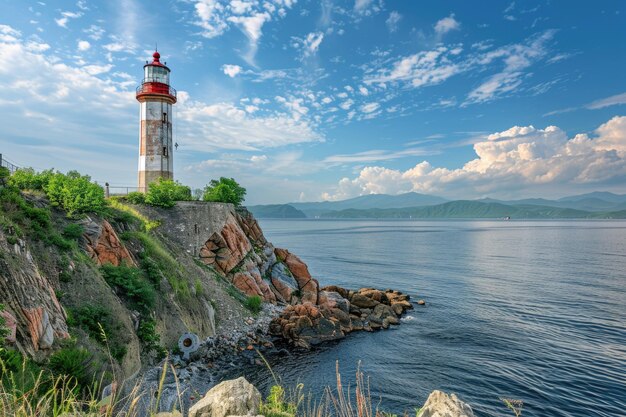 Foto farol de tokarevsky em vladivostok, na península de shkota, rússia