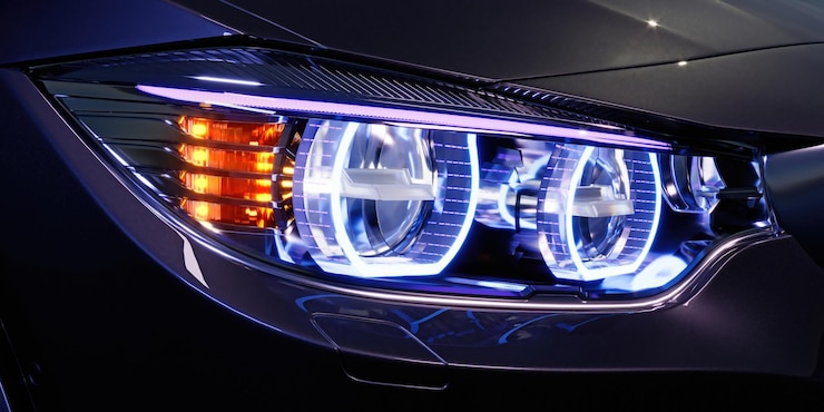 Foto farol do carro com visão macro de espaço de cópia led ou lâmpada de xenônio fechamento da ilustração 3d de carro de prestígio moderno