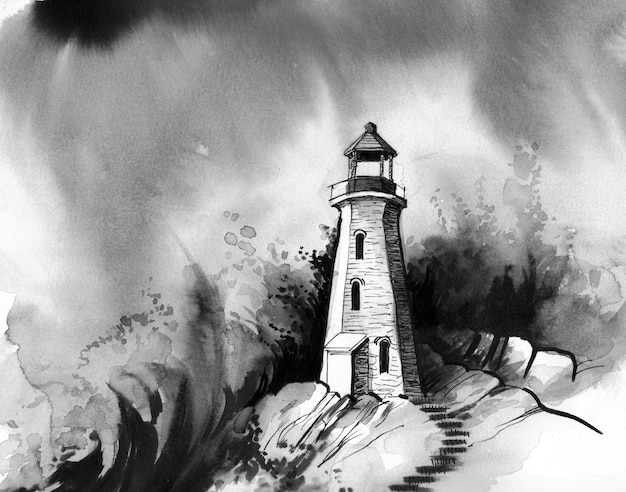 Farol e as ondas do mar. Desenho a tinta e aguarela