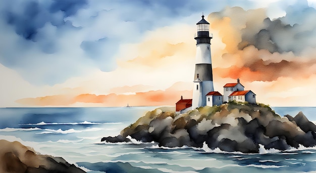 Farol em uma ilha na aquarela do oceano