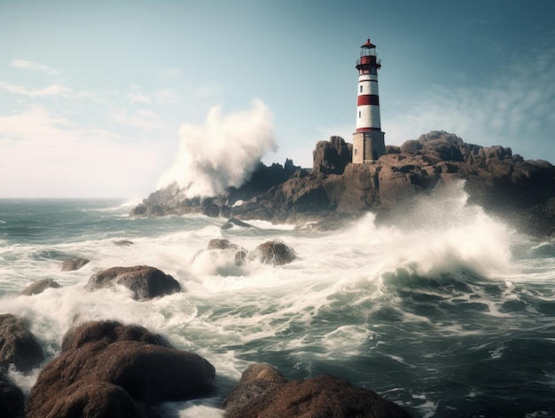 Farol em uma ilha rochosa com ondas batendo nas rochas.