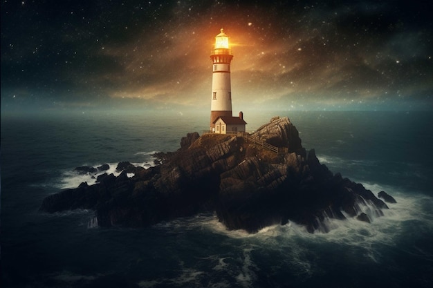 Farol em uma rocha no mar à noite renderização em 3d