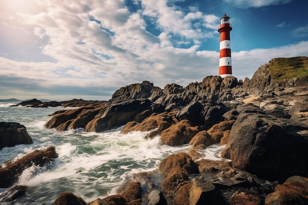 Farol icônico empoleirado em costas rochosas