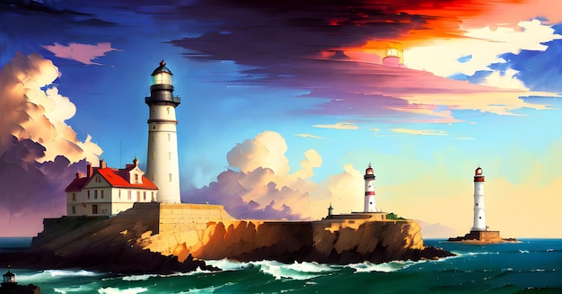 Farol Mar Oceano Paisagem de fundo para livros infantis ilustrações pinturas Conceito generativo de IA