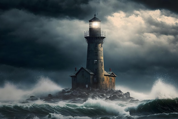 Farol na tempestade. ilustração 3D