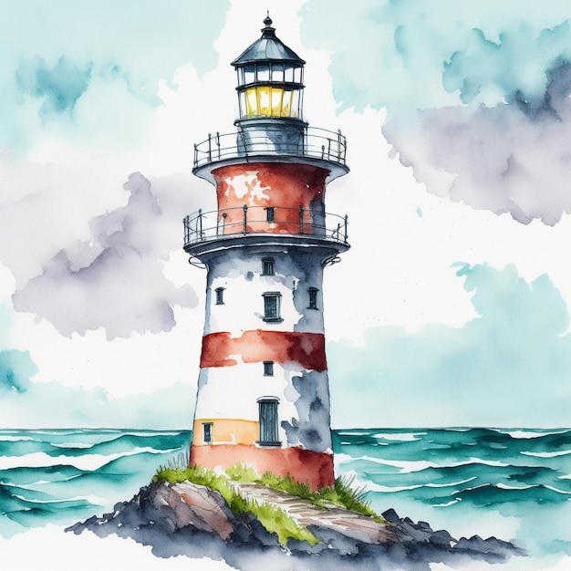 farol no mar ilustração de aquarela