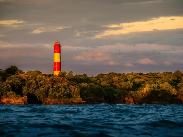 Foto farol no meio do mar e edifícios contra o céu