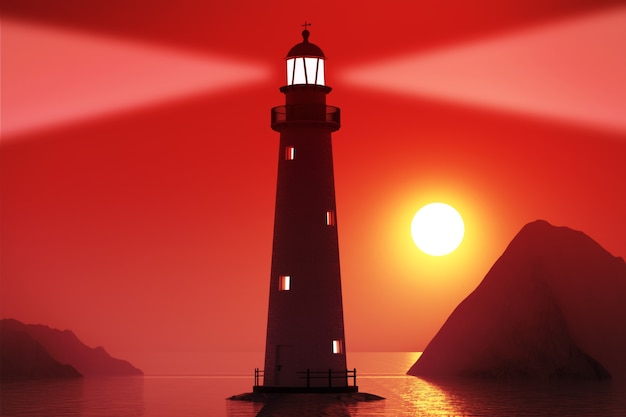 Farol no oceano ou mar em um fundo de céu azul. renderização 3d