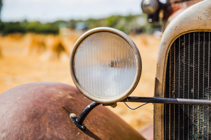 Foto farol ou farol em um carro vintage em uma paisagem ocidental