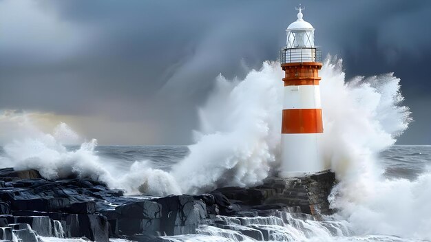 Foto farol resiliente permanece firme em meio a mares tempestuosos e ondas estragadas conceito farol resiliência mares tempestuosos crashing waves fundação forte