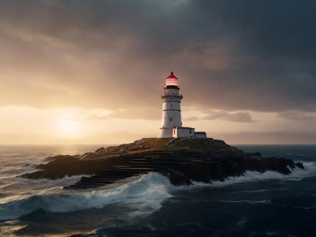 Farol en la roca al atardecer hermoso paisaje marino creado utilizando herramientas de IA generativas