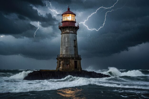 Farol suportando mares tempestuosos ao anoitecer