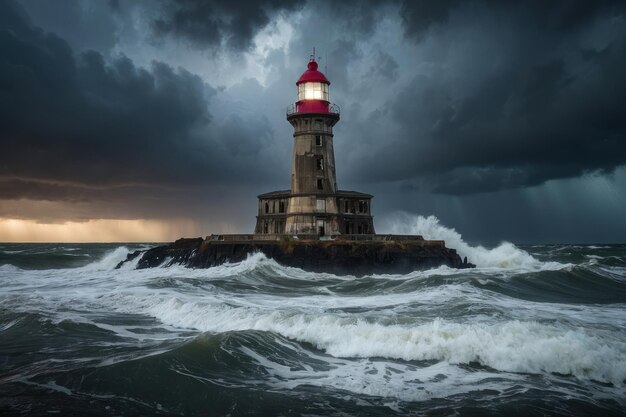 Farol suportando mares tempestuosos ao anoitecer