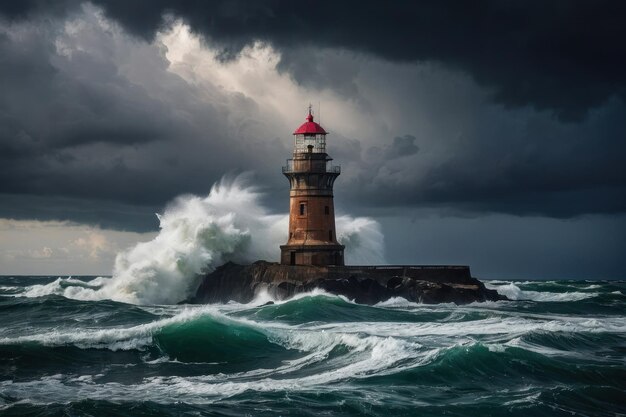 Farol suportando mares tempestuosos ao anoitecer