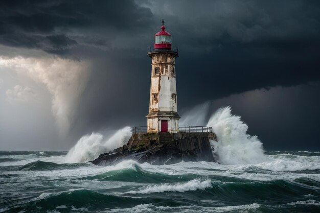 Farol suportando mares tempestuosos ao anoitecer