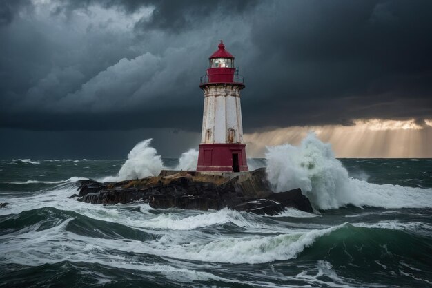 Farol suportando mares tempestuosos ao anoitecer