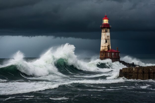 Farol suportando mares tempestuosos ao anoitecer