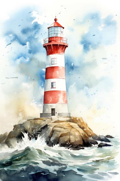 farol vermelho e branco em aquarela no oceano com céu azul