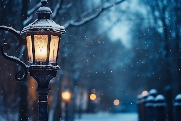 farola durante la caída de nieve del invierno