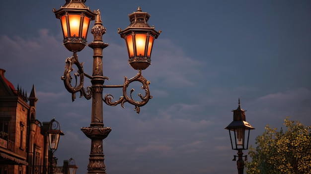 Farola de calle coronada por una linterna tradicional que recuerda la belleza clásica y el suave resplandor de tiempos pasados Belleza clásica Nostalgia de la calle encanto vintage Generado por IA