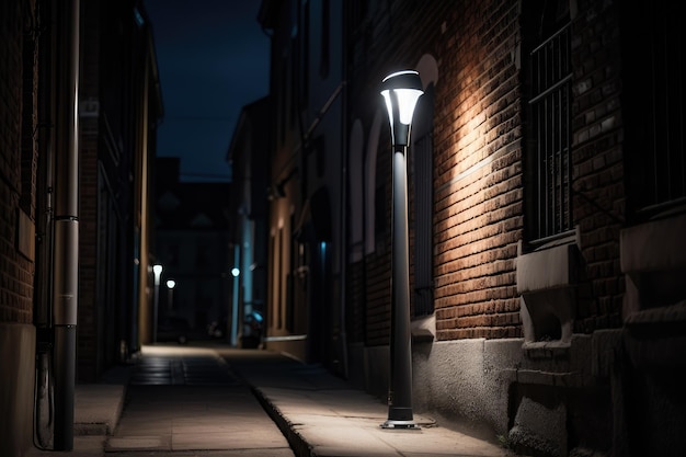 Farola con energía solar que ilumina un callejón oscuro creado con IA generativa