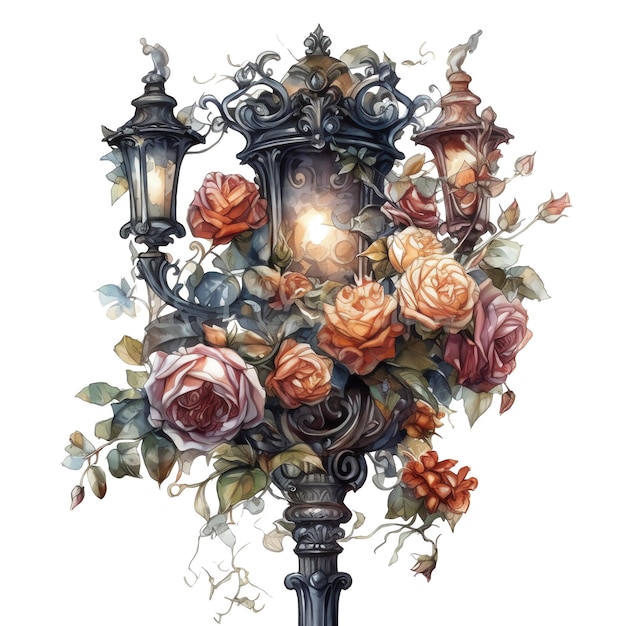 Farola gótica con flores ilustración acuarela