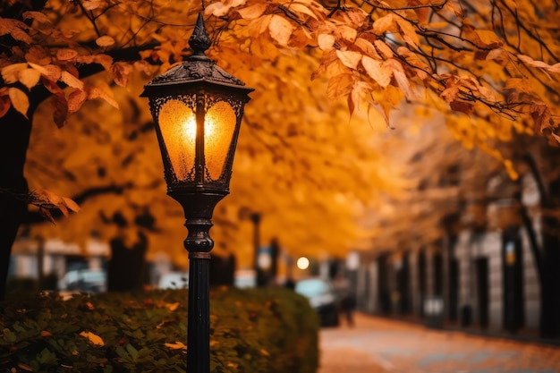 Una farola con hojas de otoño al fondo