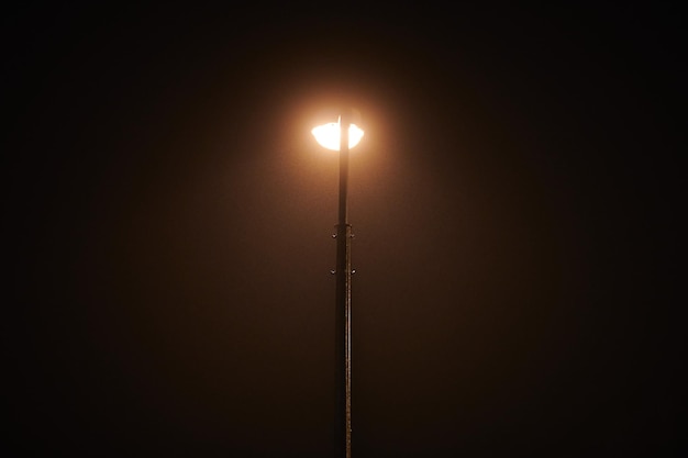 Una farola nocturna brilla con una tenue y misteriosa luz amarilla a través de la niebla nocturna