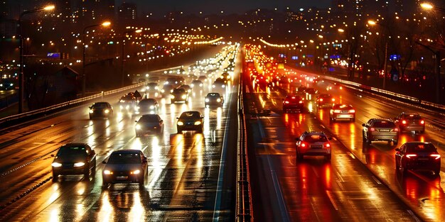 Faros borrosos de automóviles en una bulliciosa autopista de la ciudad por la noche Concepto paisaje urbano fotografía nocturna Vida urbana Rutas de tráfico Luces de la ciudad