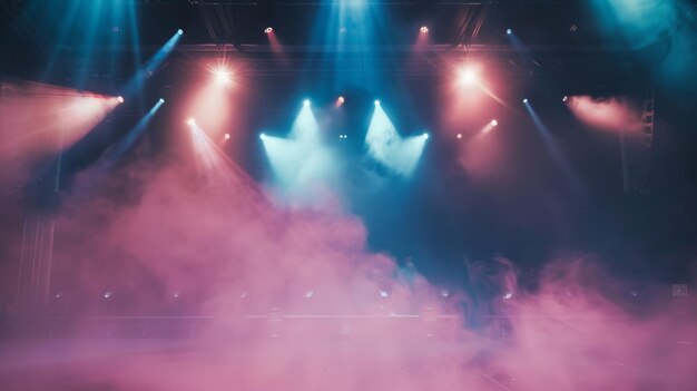 Faros iluminados y humo en un escenario de concierto vacío