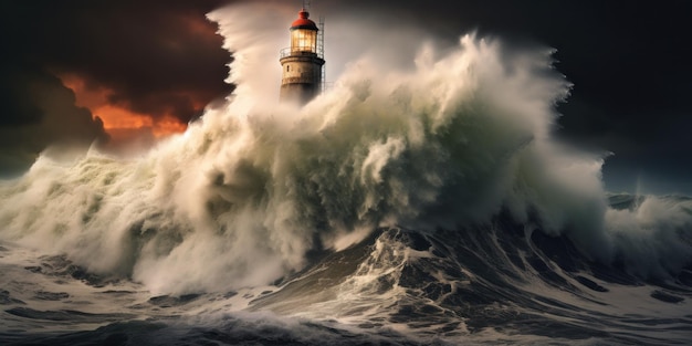 Foto faros en medio de las violentas olas del mar