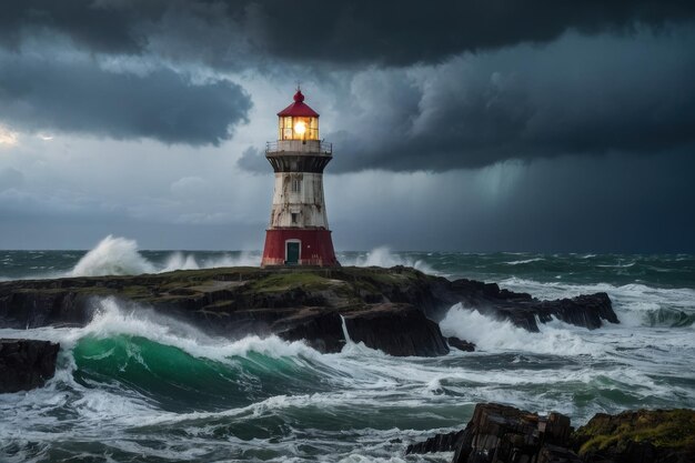 Foto faros que soportan mares tormentosos al anochecer