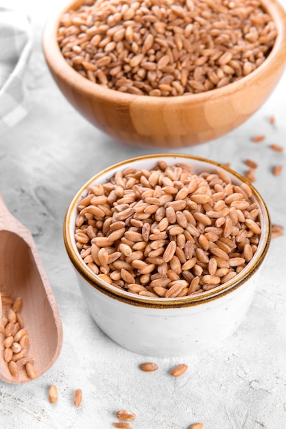 Farro de espelta cruda cruda integral en los tazones sobre fondo de mesa de piedra gris, fondo de cereales alimentarios, cerrar