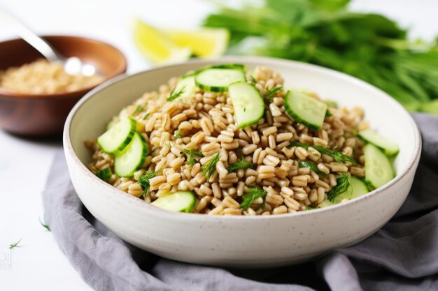 Farro-Salat mit Gurkenscheiben als Beilage