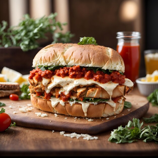 Farto Sanduíche De Frango Parmesão Com Marinara E Queijo Caseiro