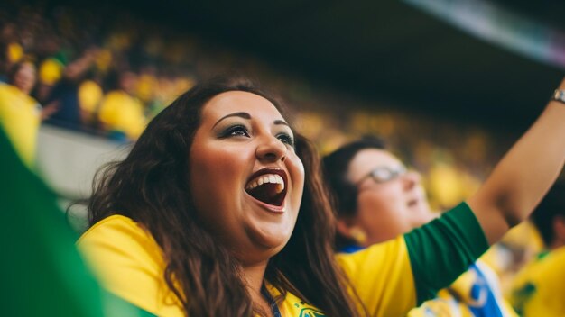 Foto fãs brasileiras de futebol feminino em um estádio da copa do mundo apoiando a seleção nacional