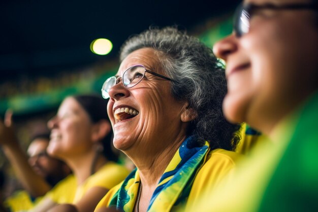 Fãs brasileiras de futebol feminino em um estádio da Copa do Mundo apoiando a seleção nacional